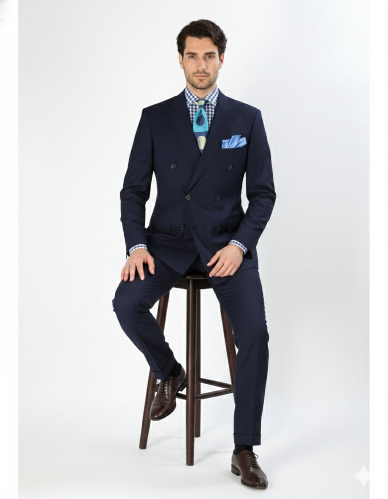Double Breasted Suits - Vested Suits Wool Fabric - Apolo King Brand - Navy Suit