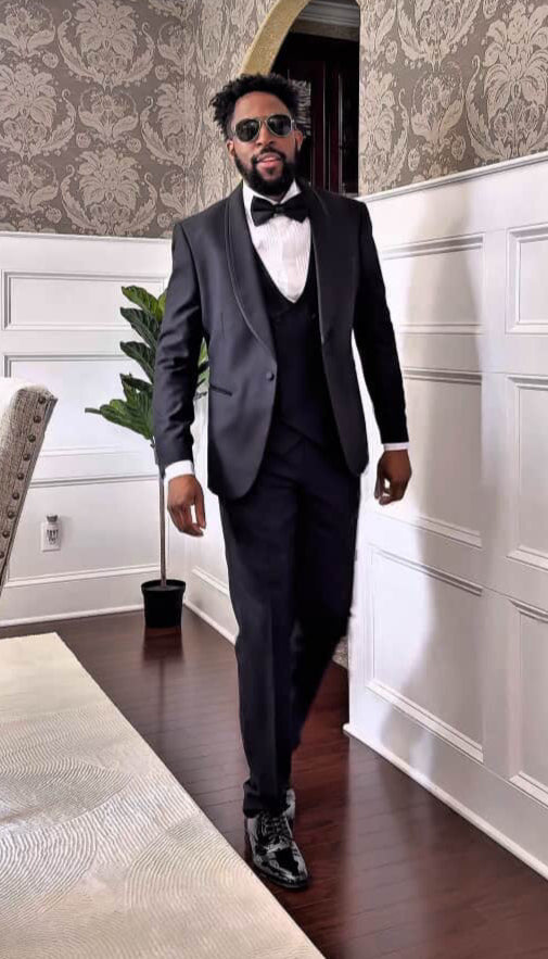 Men's One Button Vested Shawl Tuxedo in Black Birdseye