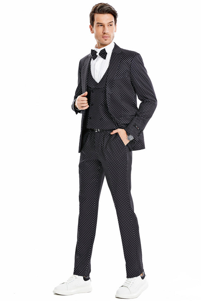 Men's Polka Dot Vested Prom Suit in Black & White