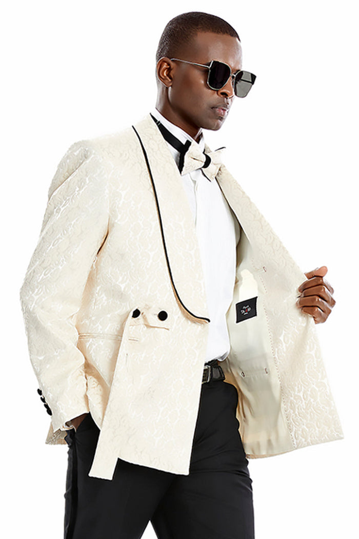 Men's Champagne Tan Paisley Slim Fit Smoking Jacket by Tazzio Suits