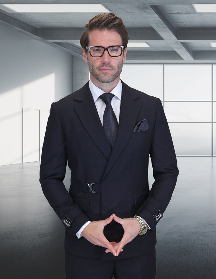 2PC Italian Super 200's Wool Suit Modern Fit Flat Front Pants with Metal Buckles in Black