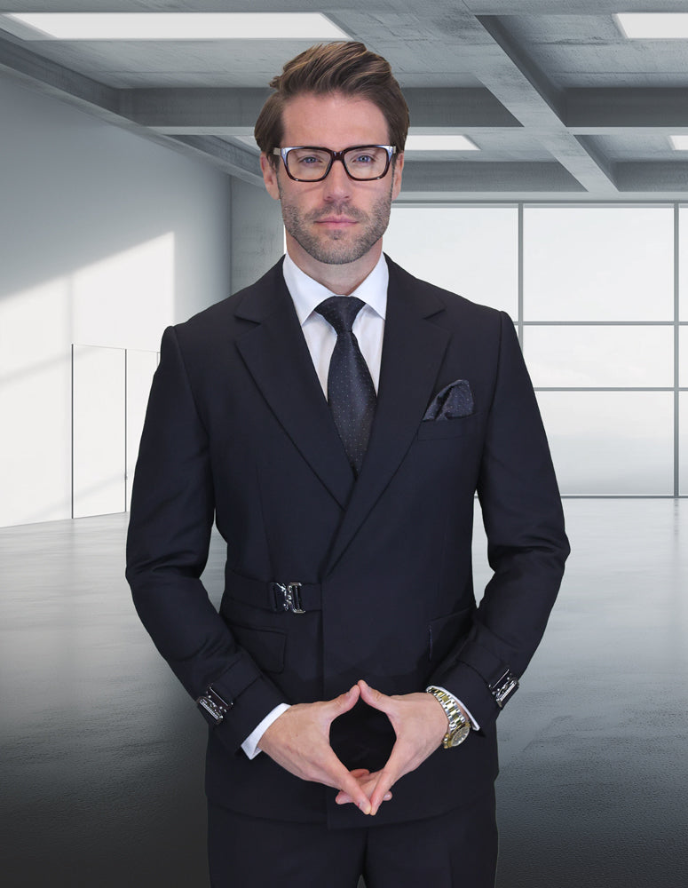2PC Italian Super 200's Wool Suit Modern Fit Flat Front Pants with Metal Buckles in Black