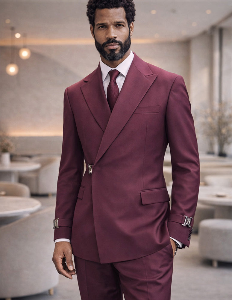 2PC Italian Super 200's Wool Suit Modern Fit Flat Front Pants with Metal Buckles in Burgundy