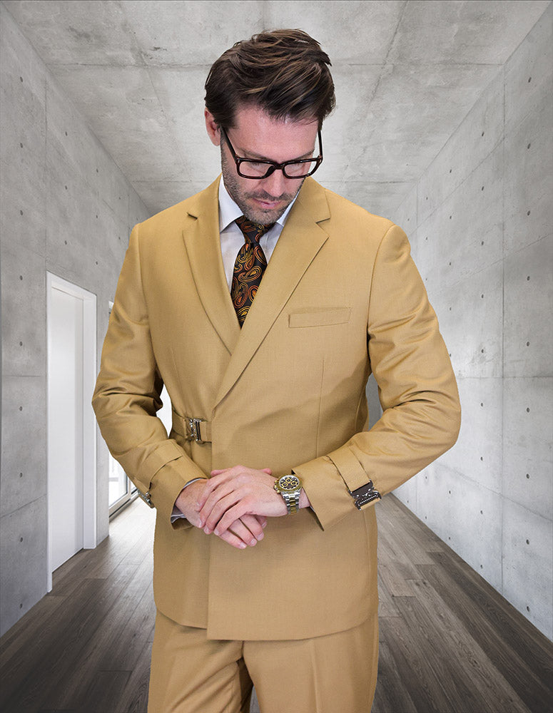 2PC Italian Super 200's Wool Suit Modern Fit Flat Front Pants with Metal Buckles in Camel