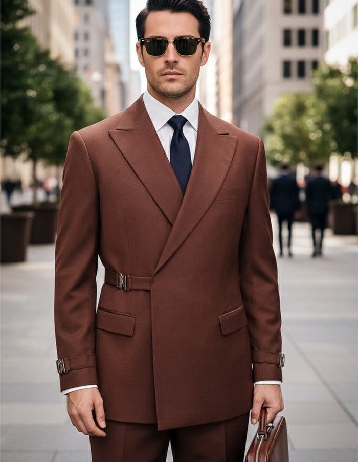 2PC Italian Super 200's Wool Suit Modern Fit Flat Front Pants with Metal Buckles in Copper