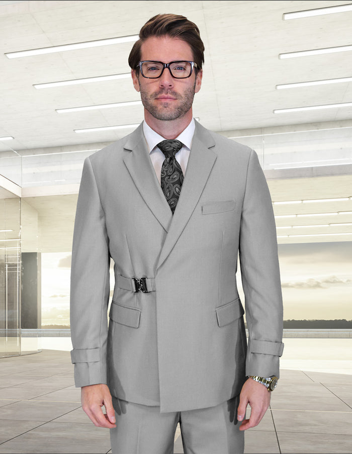 2PC Italian Super 200's Wool Suit Modern Fit Flat Front Pants with Metal Buckles in Gray