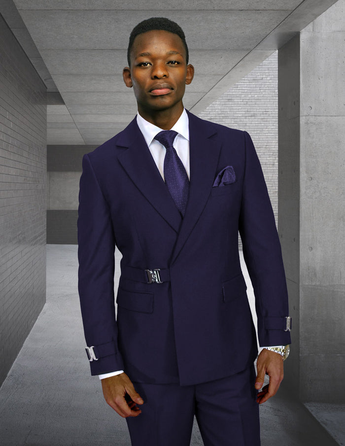 2PC Italian Super 200's Wool Suit Modern Fit Flat Front Pants with Metal Buckles in Navy