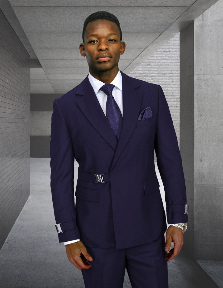 2PC Italian Super 200's Wool Suit Modern Fit Flat Front Pants with Metal Buckles in Navy
