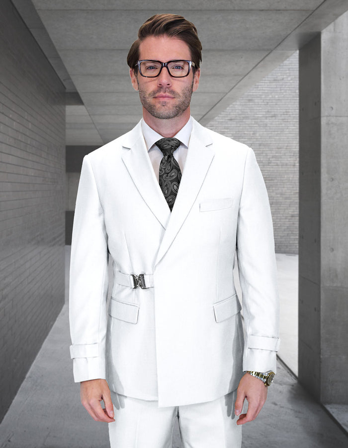 2PC Italian Super 200's Wool Suit Modern Fit Flat Front Pants with Metal Buckles in White
