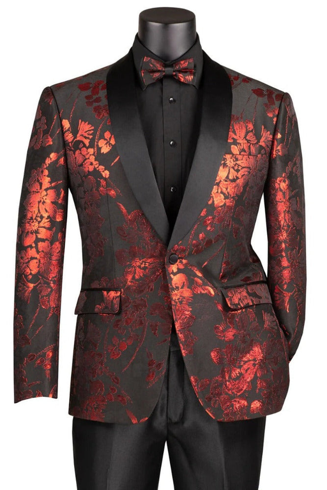 Men's Shiny Foil Floral Paisely Prom 2025 & Wedding Tuxedo Jacket In Red