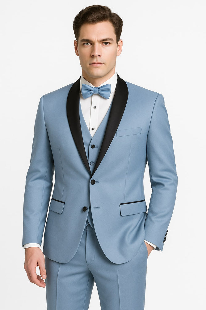 Sky Blue Tuxedo with Black Shawl Lapel Slim Fit Prom and Wedding Suit in Baby Blue Color - Light Blue