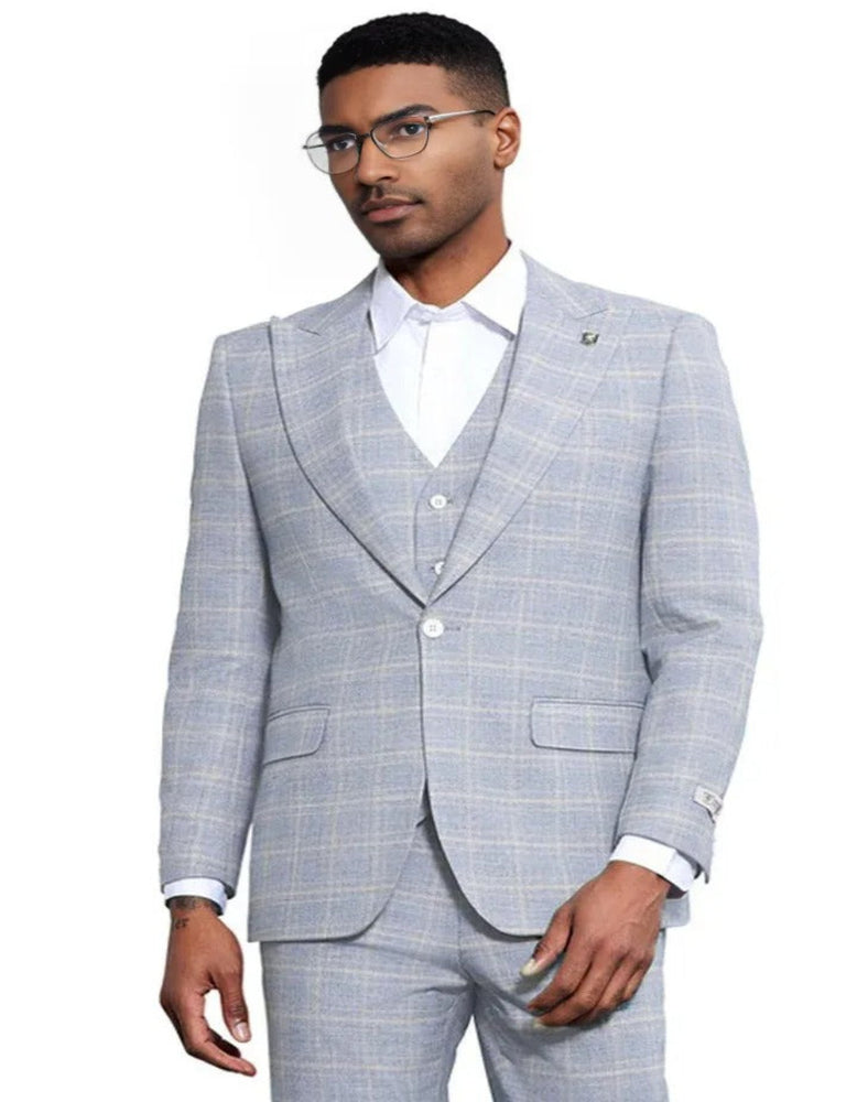Men's Stacy Adams Vested Peak Lapel Baby Blue Plaid Suit