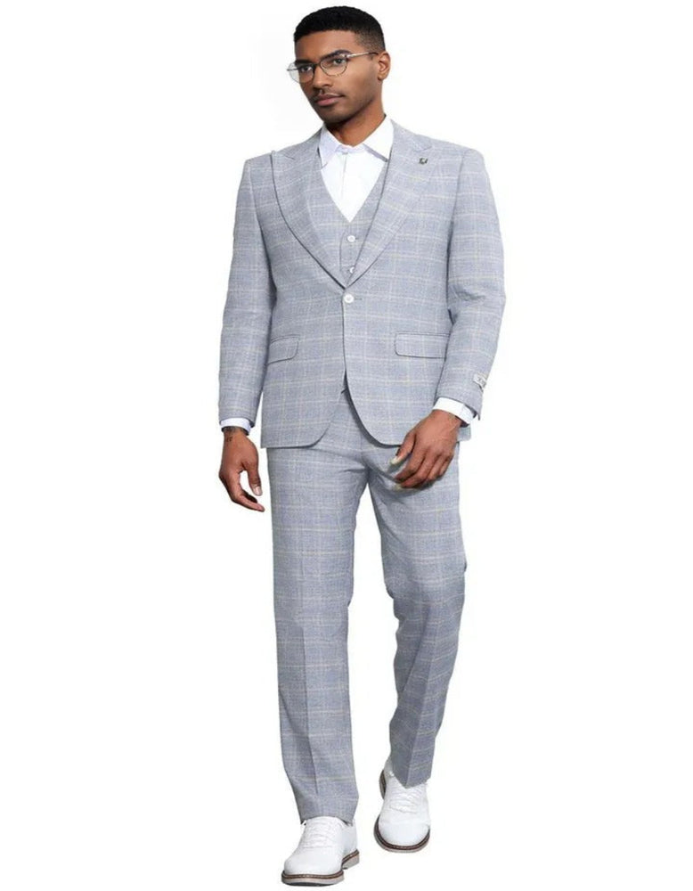 Men's Stacy Adams Vested Peak Lapel Baby Blue Plaid Suit