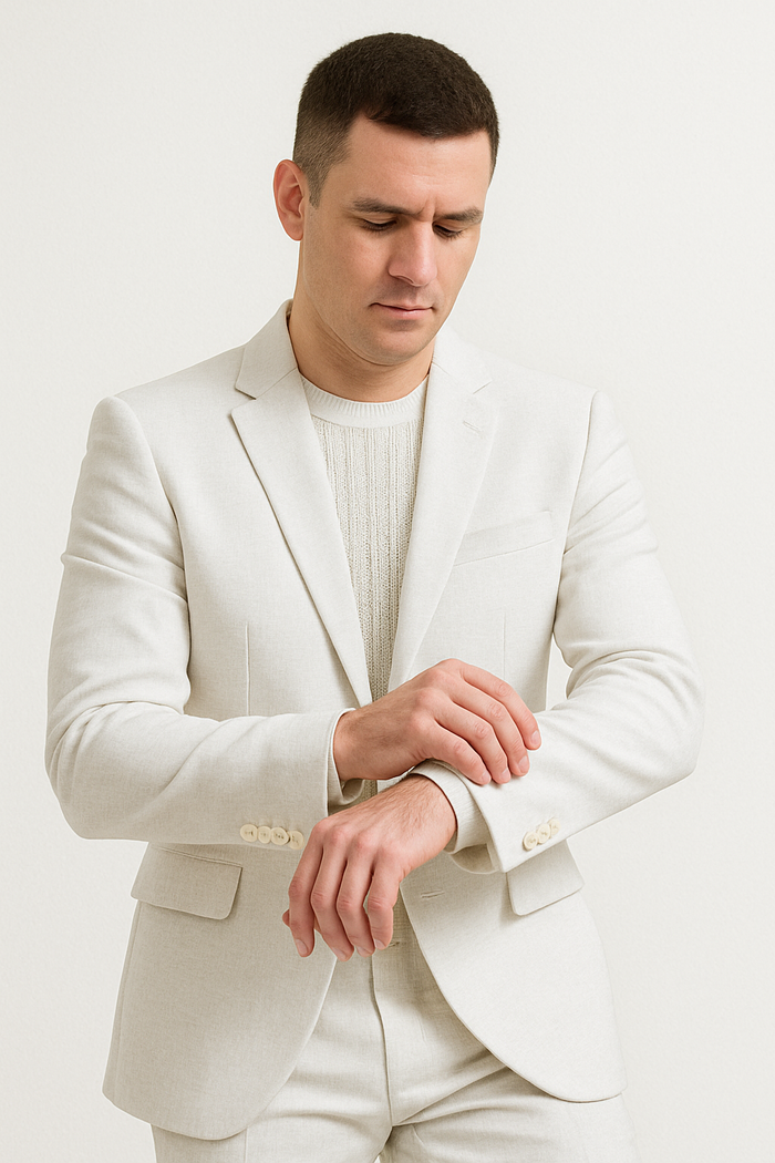 Mens Two Piece Linen Suit Relaxed Hybrid Fit No Collar