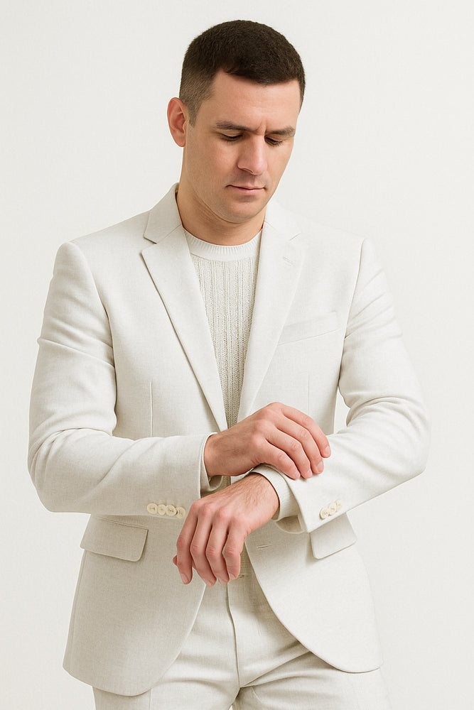 Mens Two Piece Linen Suit Relaxed Hybrid Fit No Collar