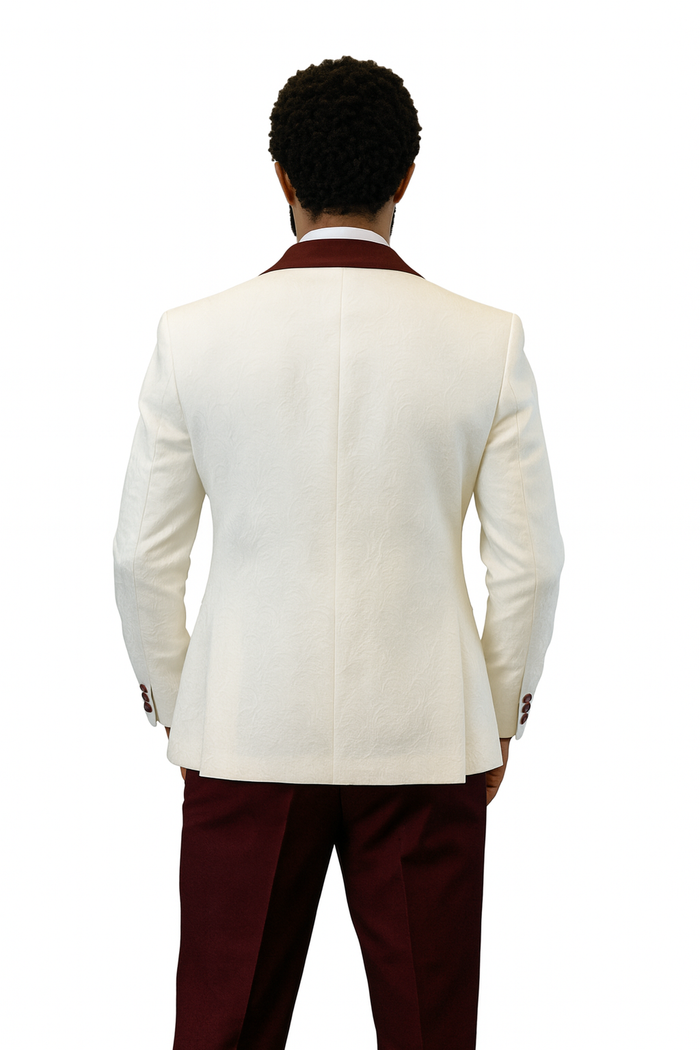 Hilton White and Burgundy Paisley Peak Lapel Tuxedo Jacket with Matching Shawl Vest and Wool Pants – Includes Bow Tie