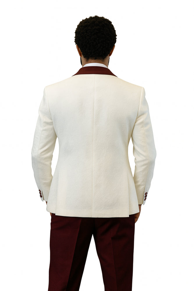 Hilton White and Burgundy Paisley Peak Lapel Tuxedo Jacket with Matching Shawl Vest and Wool Pants – Includes Bow Tie
