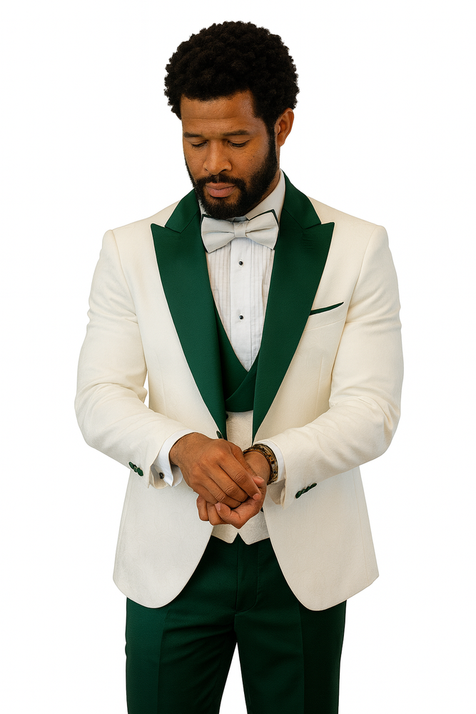 Hilton White and Hunter Green Paisley Peak Lapel Tuxedo Jacket with Matching Shawl Vest and Wool Pants – Includes Bow Tie