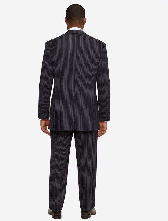 Classic Fit Pleated Pants - 2 Button Suit Pinstripe - Vested Suit 3 Pieces Suits Navy