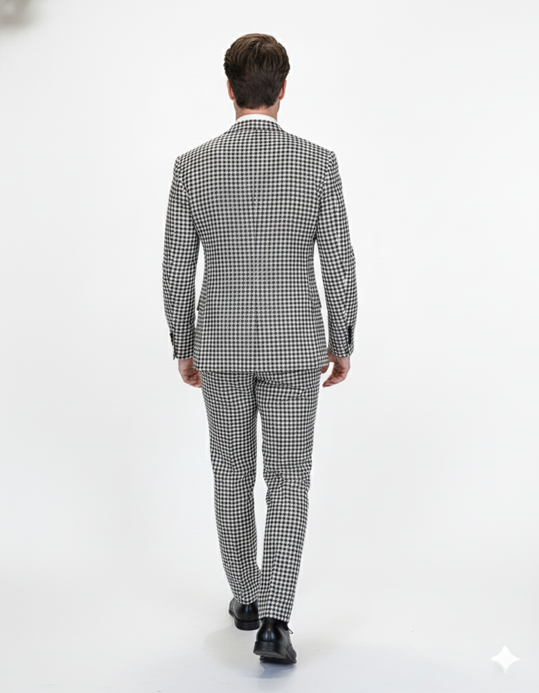 Double Breasted Suits - Vested Suits Wool Fabric  - Black Houndstooth Suit