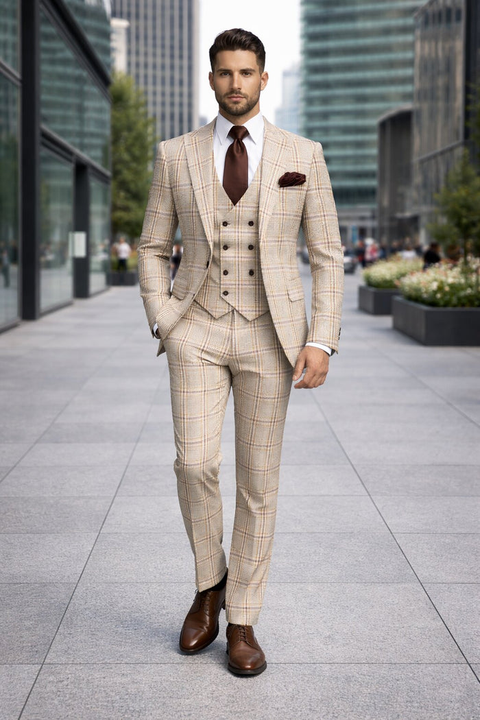Beige & Brown Windowpane 3-Piece Modern Classic Suit by Rossiman