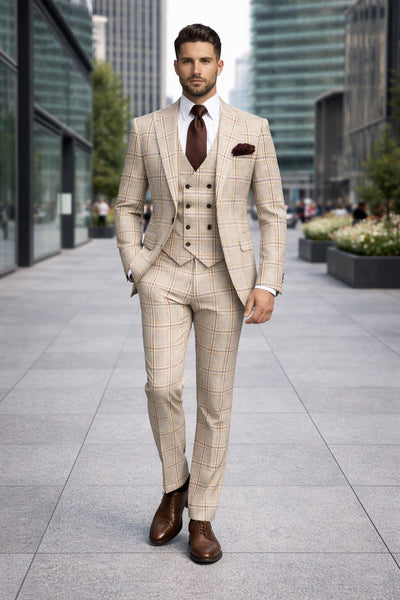 Beige & Brown Windowpane 3-Piece Modern Classic Suit by Rossiman