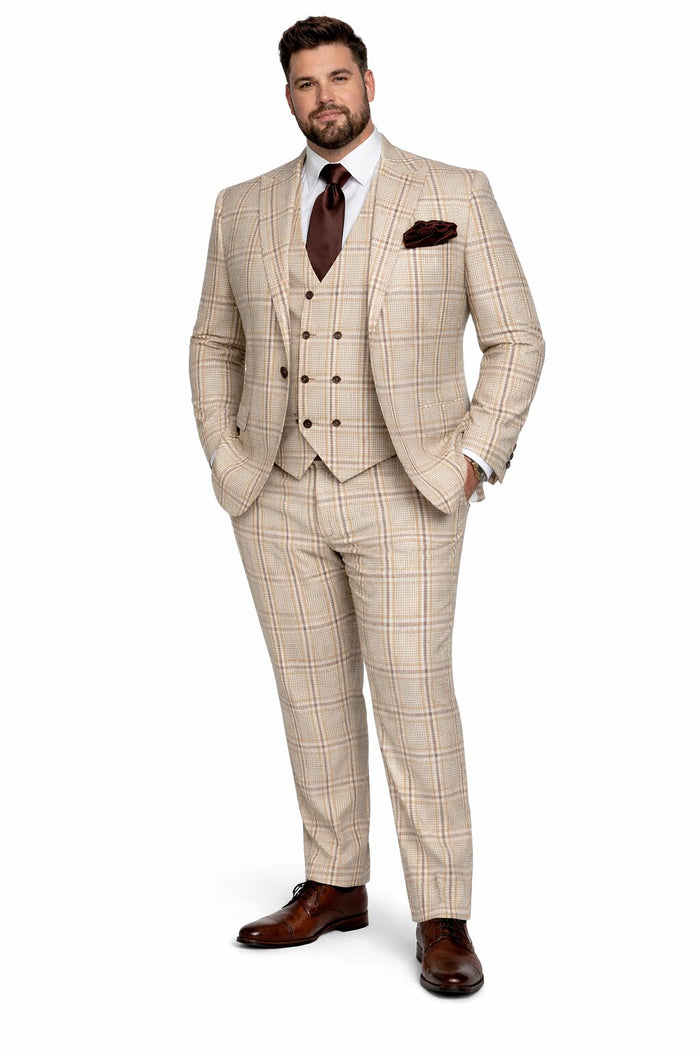 Beige & Brown Windowpane 3-Piece Modern Classic Suit by Rossiman