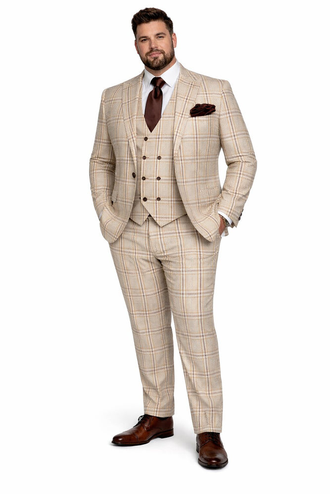 Beige & Brown Windowpane 3-Piece Modern Classic Suit by Rossiman