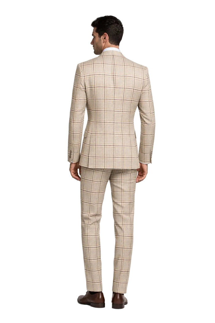 Beige & Brown Windowpane 3-Piece Modern Classic Suit by Rossiman