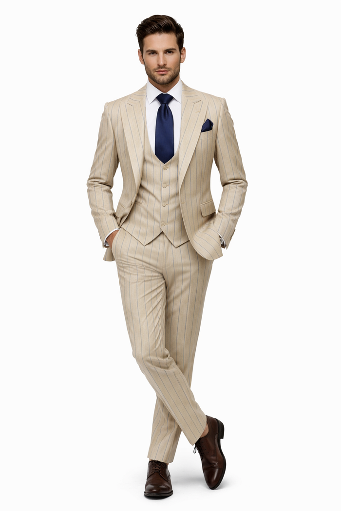Sandline Beige & Blue Pinstripe 3-Piece Executive Suit by Rossiman