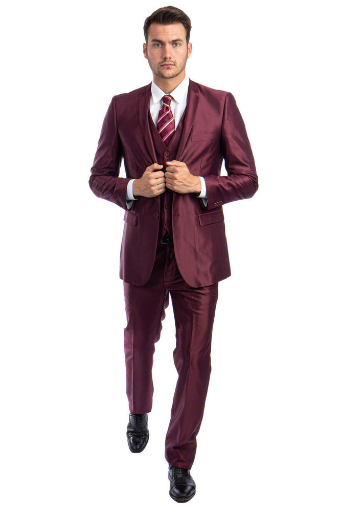 Men's Burgundy Sharkskin Suit for Formal Events