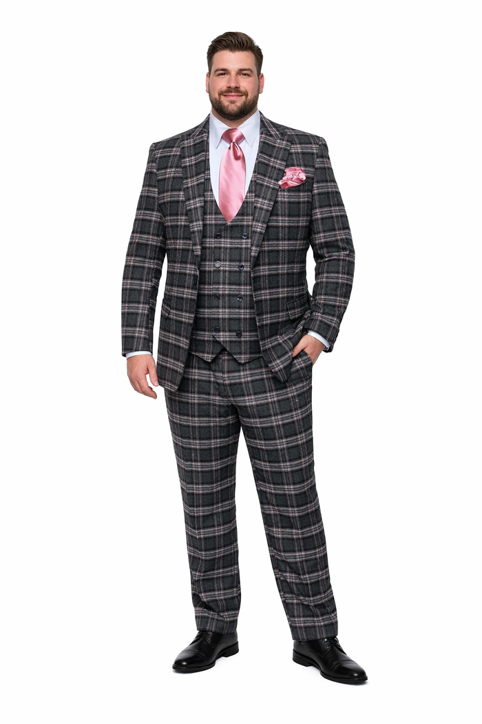 Dark Green & Pink Windowpane Tailored 3-Piece Luxury Suit by Rossiman