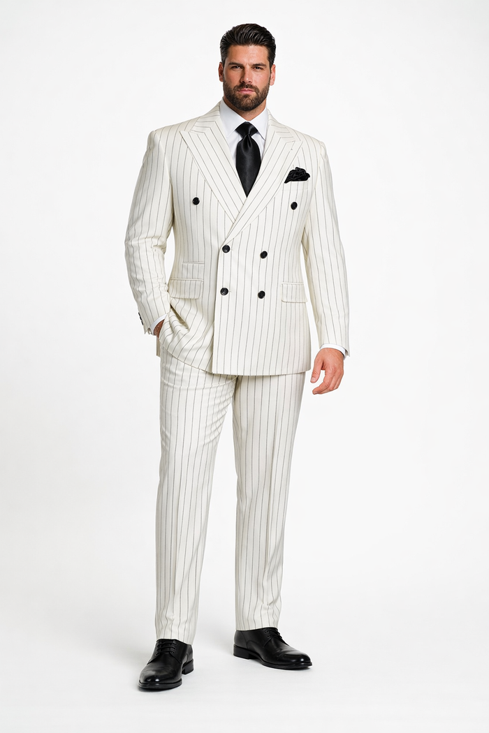 Imperial White Double-Breasted Pinstripe 3-Piece Couture Suit by Rossiman