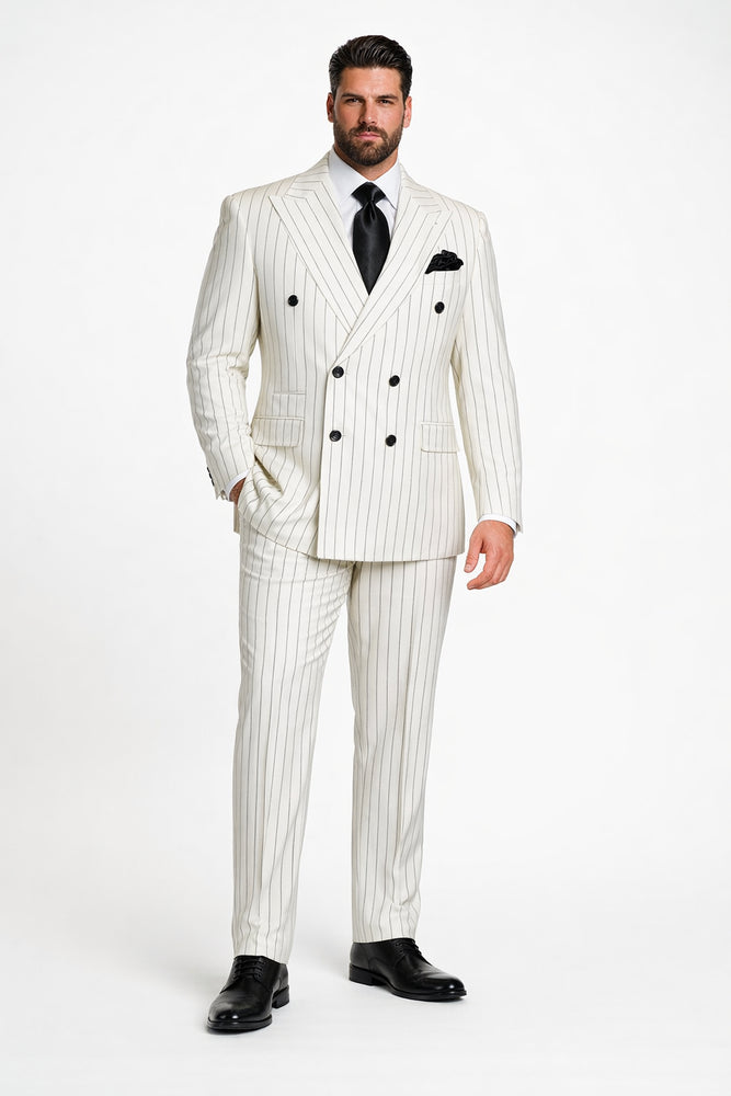 Rossiman Imperial White Double-Breasted Pinstripe Three-Piece Suit