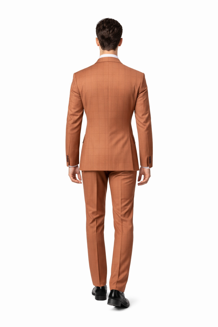 Cognac Windowpane 3-Piece Modern Executive Suit by Rossiman