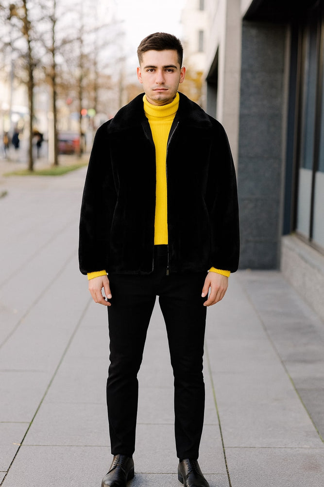 Mens Black Faux Fur Jacket – Luxury Winter Zip-Up Coat with Soft Plush Finish