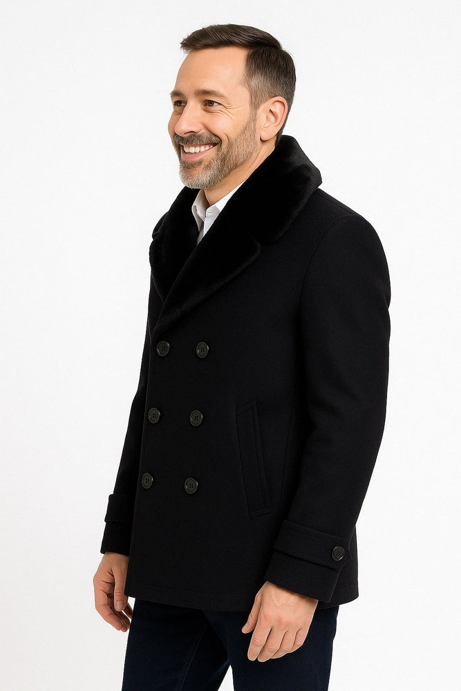 Mens Black Peacoat Wool Overcoat with Faux Fur Shawl Collar – Double-Breasted Winter Peacoat