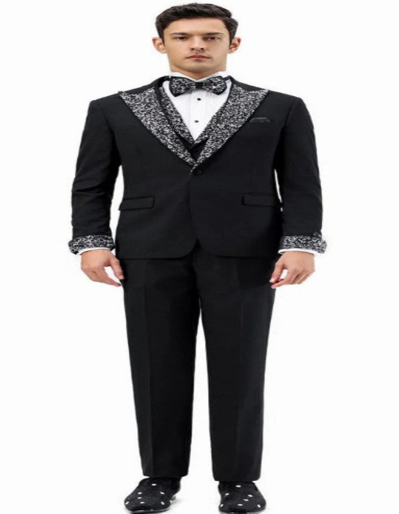 Black Prom Tuxedo - Perfect Wedding Suit Vested Rhinestone Lapelled
