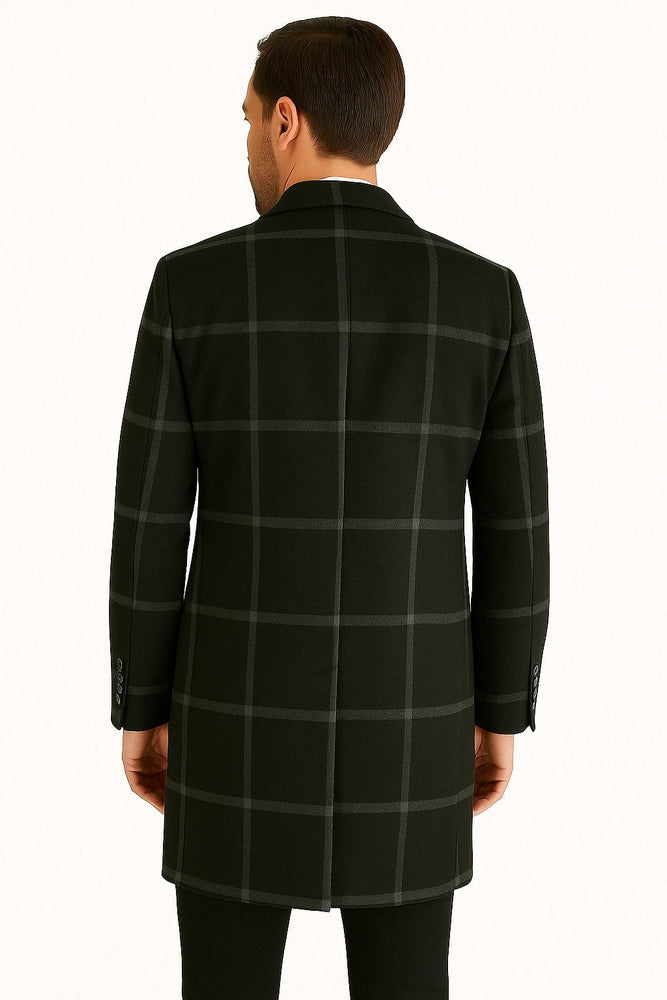 Mens Black Windowpane Wool Overcoat – Classic Long Checkered Coat Checkered Plaid Pattern