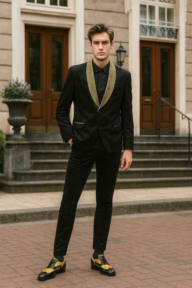 Mens Black and Gold Jacquard Tuxedo Blazer – Luxury Shawl Collar Wedding and Party Smoking Jacket
