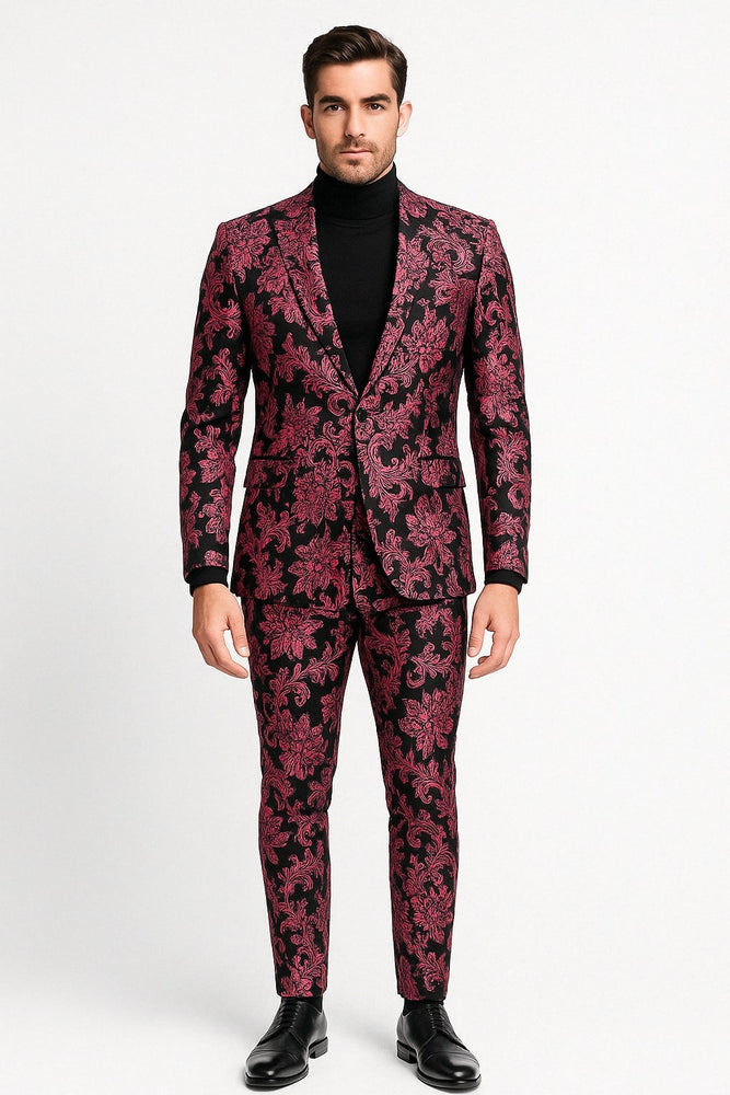 Mens Black and Pink Floral Tuxedo Suit – Magento Fucia Plumish Color Slim Fit 2 Piece Embroidered Outfit for Weddings, Prom and Formal Events