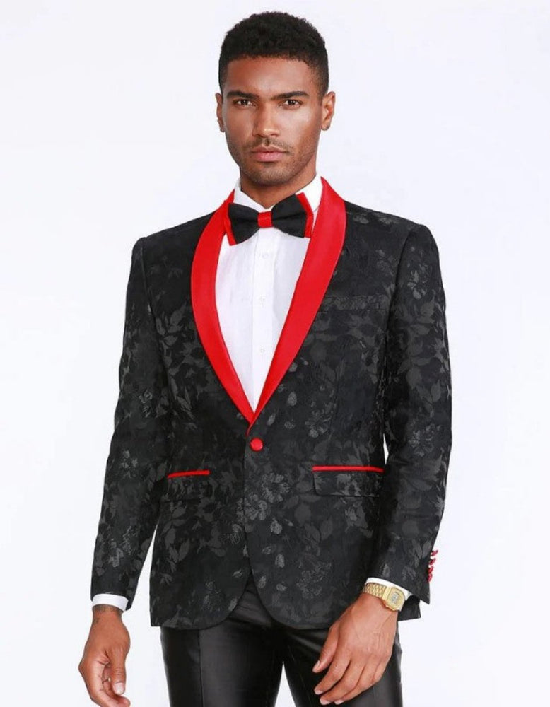 Black and Red Tuxedo Jacket Floral Pattern Slim Fit - Wedding - Prom 2025