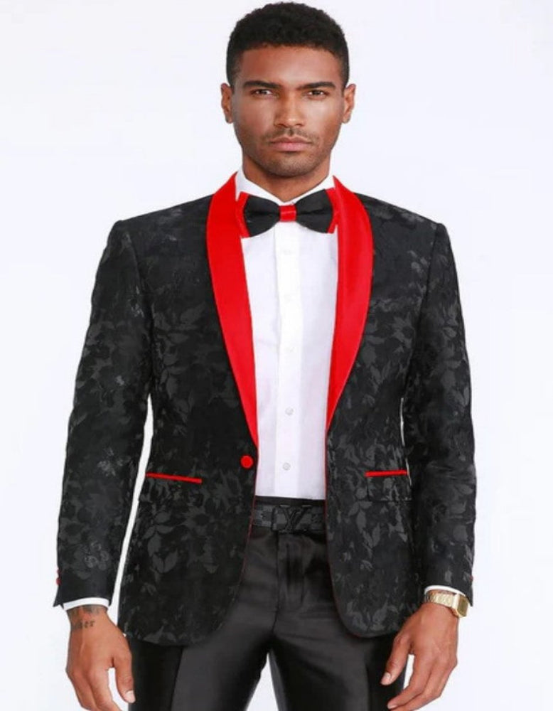 Black and Red Tuxedo Jacket Floral Pattern Slim Fit - Wedding - Prom 2025