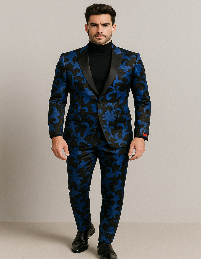 Mens Black and Royal Blue Floral Tuxedo Suit – Slim Fit 2 Piece Velvet Embroidered Outfit for Weddings, Prom, and Formal Events