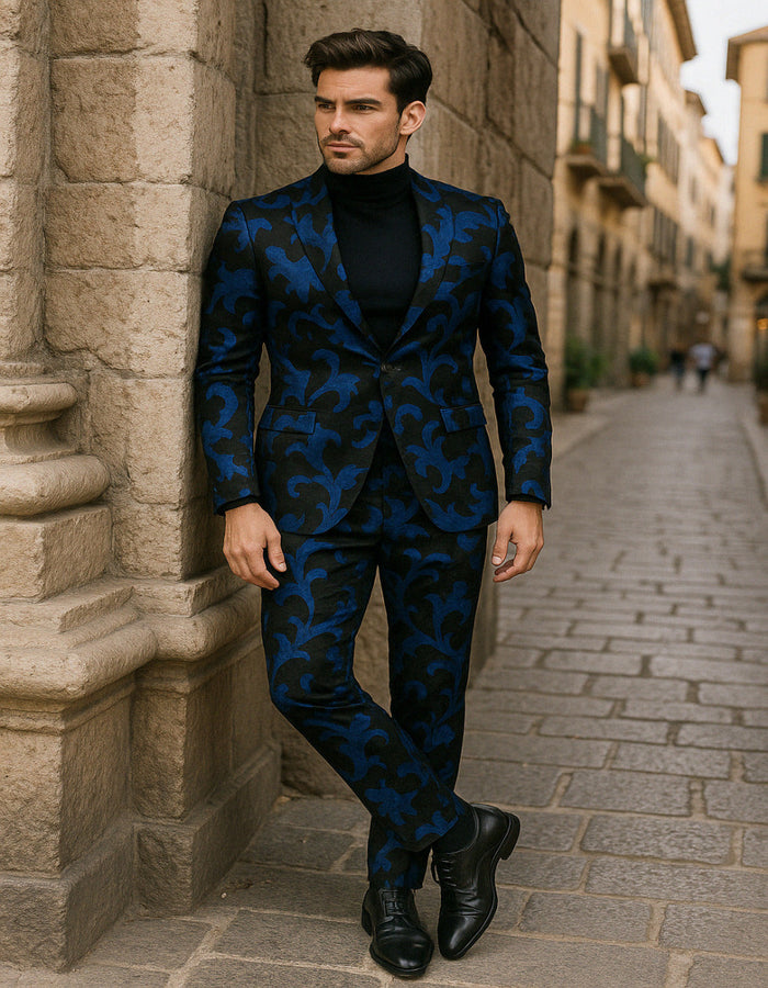 Mens Black and Royal Blue Floral Tuxedo Suit – Slim Fit 2 Piece Velvet Embroidered Outfit for Weddings, Prom, and Formal Events