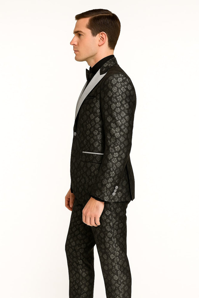 Black and Silver Floral Tuxedo Suit for Men – Luxury Two-Piece Formal Suit with Satin Lapel and Bow Tie