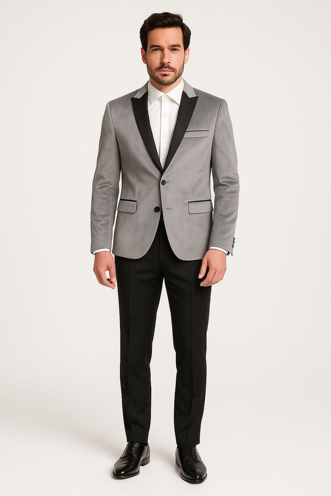 Men's Grey Velvet Tuxedo Jacket with Black Satin Lapel Suit – Mens Blazer + Black Pants