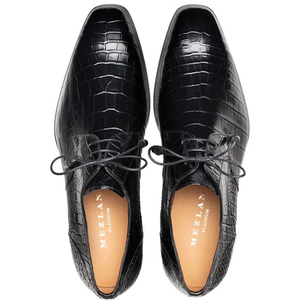 Men's Genuine Alligator Black  Derby Lace-Up Shoes By Mezlan Made In Spain Brand