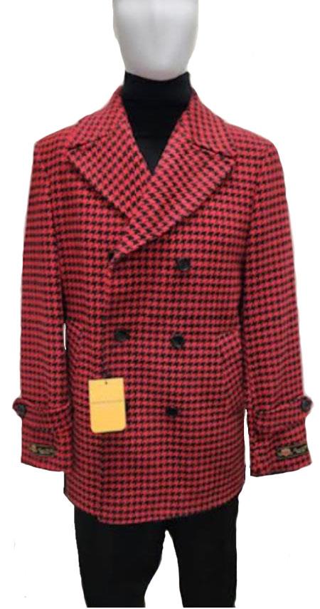 Men's Red Plaid Peacoat - Warm Winter Wool Blend Coat