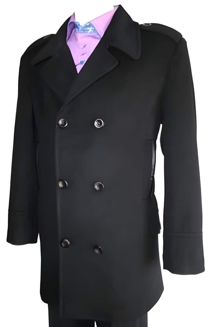 Men’s Black Wool Blend Double Breasted Peacoat, Designer Style Winter Dress Coat